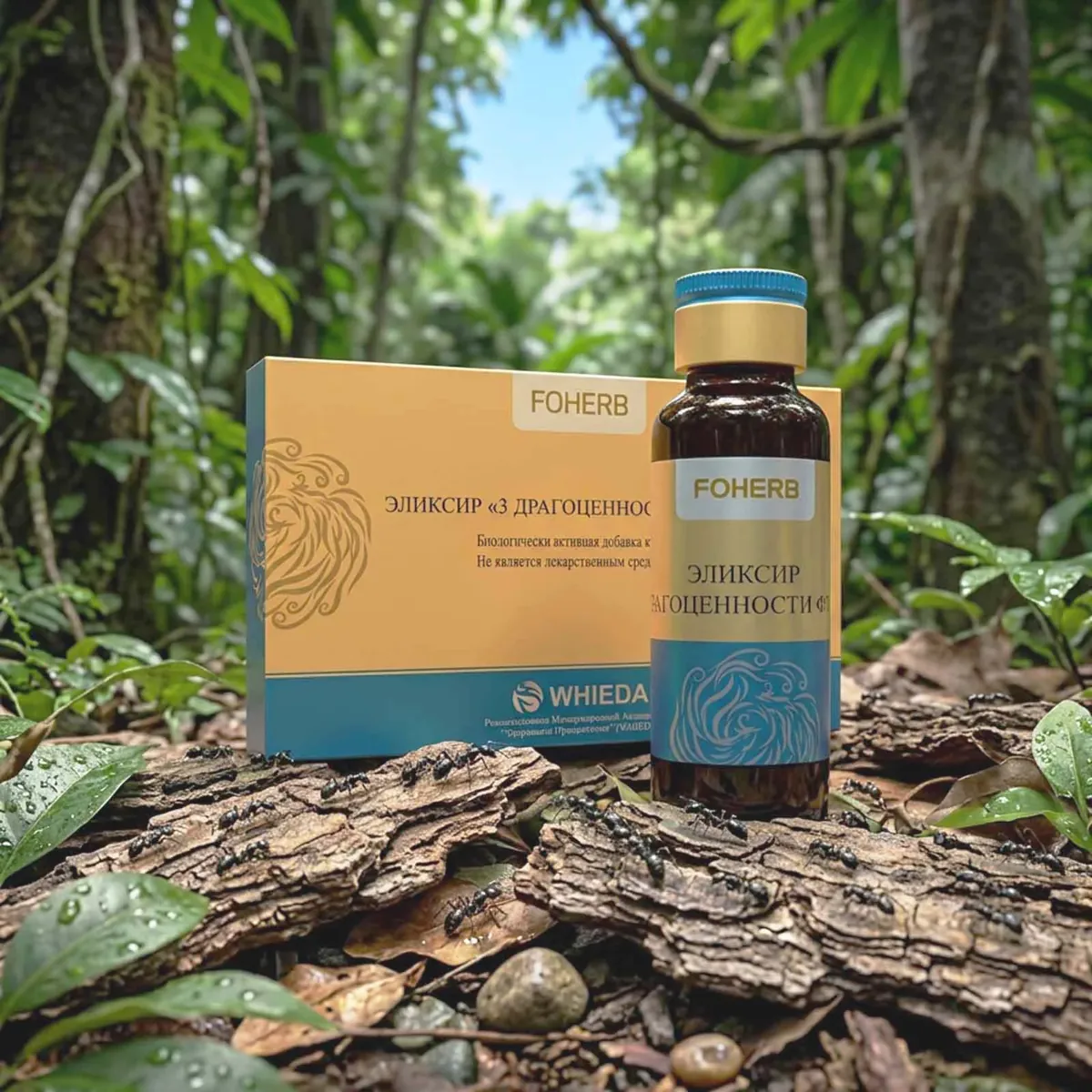 Флакон и коробка Эликсира «3 Драгоценности» на коре дерева среди лесной зелени